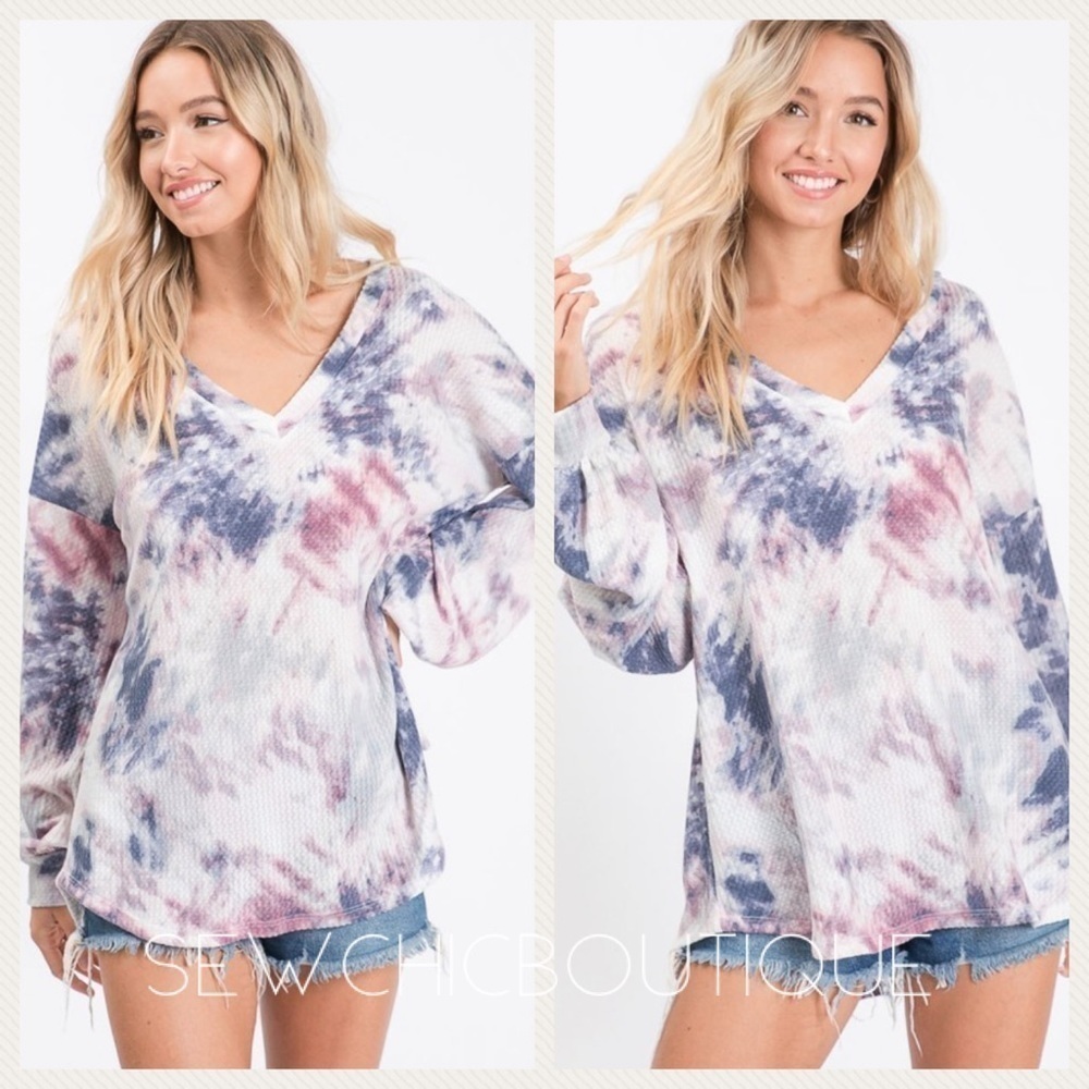 TIE Dye Waffle V-Neck Top with Balloon Slvs